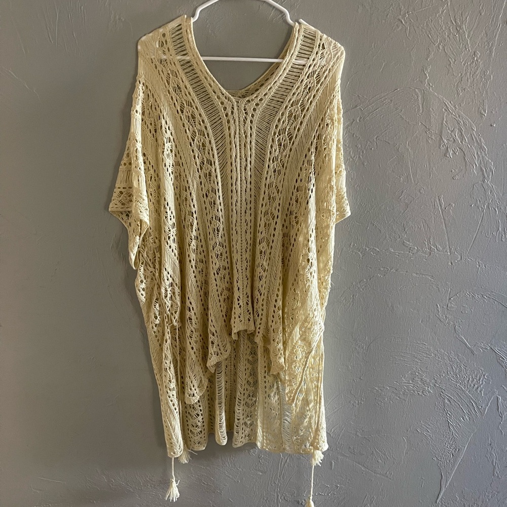 Boho Cream Knit Poncho Swim Cover Up Size L/XL